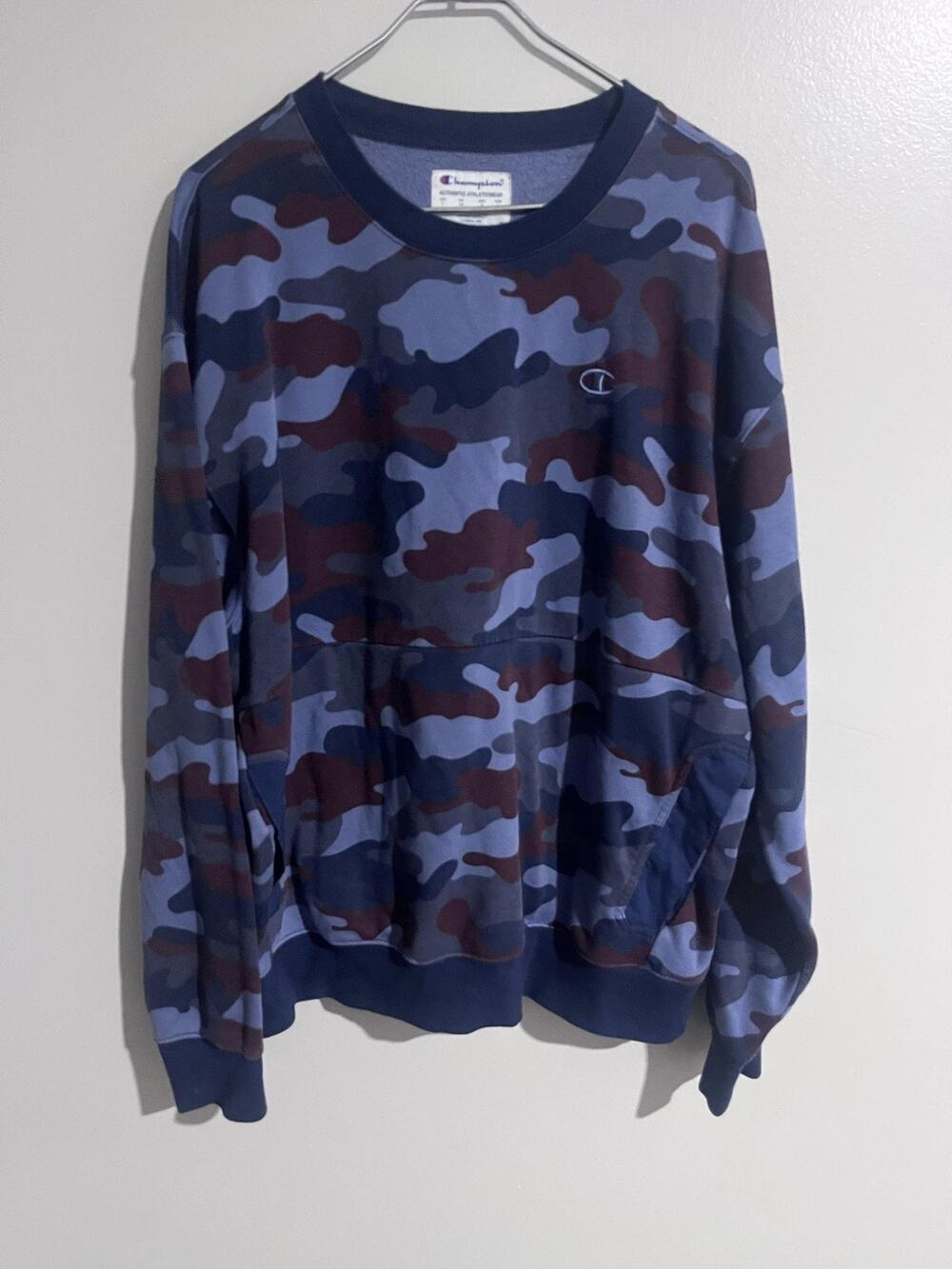 Champion Sweatshirt Mens L Blue Camouflage Pullover Fleece Pockets Logo